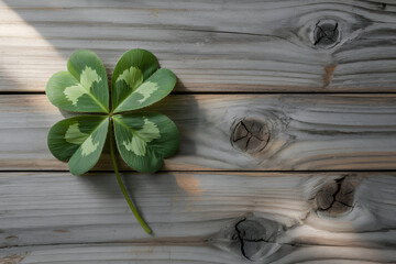 Four leaf clover on weathered gray wooden planks