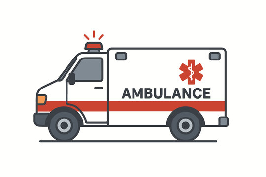 Emergency medical service vehicle with flashing lights in urban setting during daylight hours