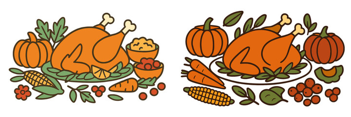 Festive autumn table display featuring roasted turkey and seasonal vegetables with pumpkins and side dishes