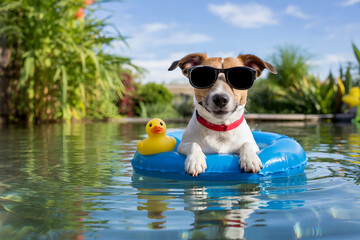 Jack Russell Terrier on blue pool float with sunglasses and duck