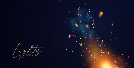 Fire and sparkles light effect with fog. Coal-fired forge. Abstract transparent light effect
