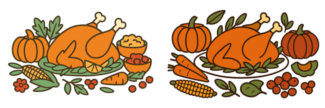 Festive autumn table display featuring roasted turkey and seasonal vegetables with pumpkins and side dishes