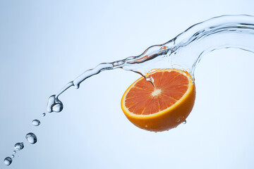 Orange slice with water splash against light blue gradient background