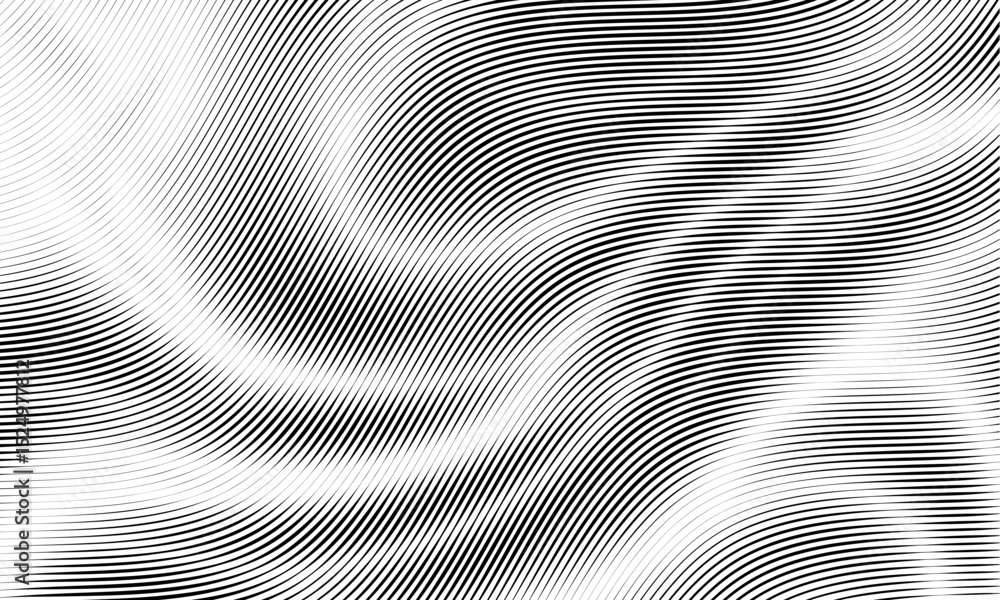 Poster This abstract black and white pattern features wavy lines and gradients, creating a dynamic aesthetic. It blends contemporary style with