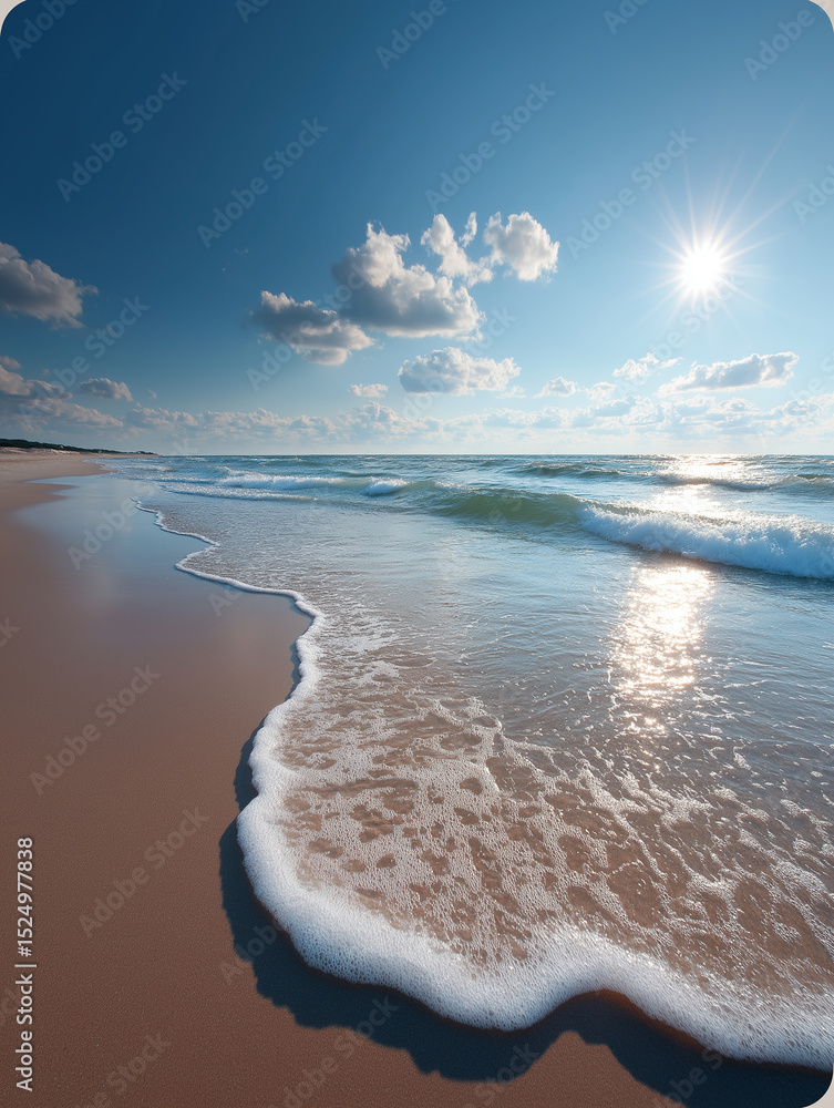 Poster foaming ocean waves create elegant patterns on pristine sandy beach shore.