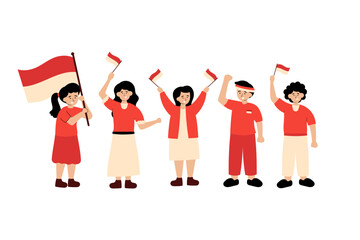 Set of Indonesian children celebrating independence day waving flags vector illustration