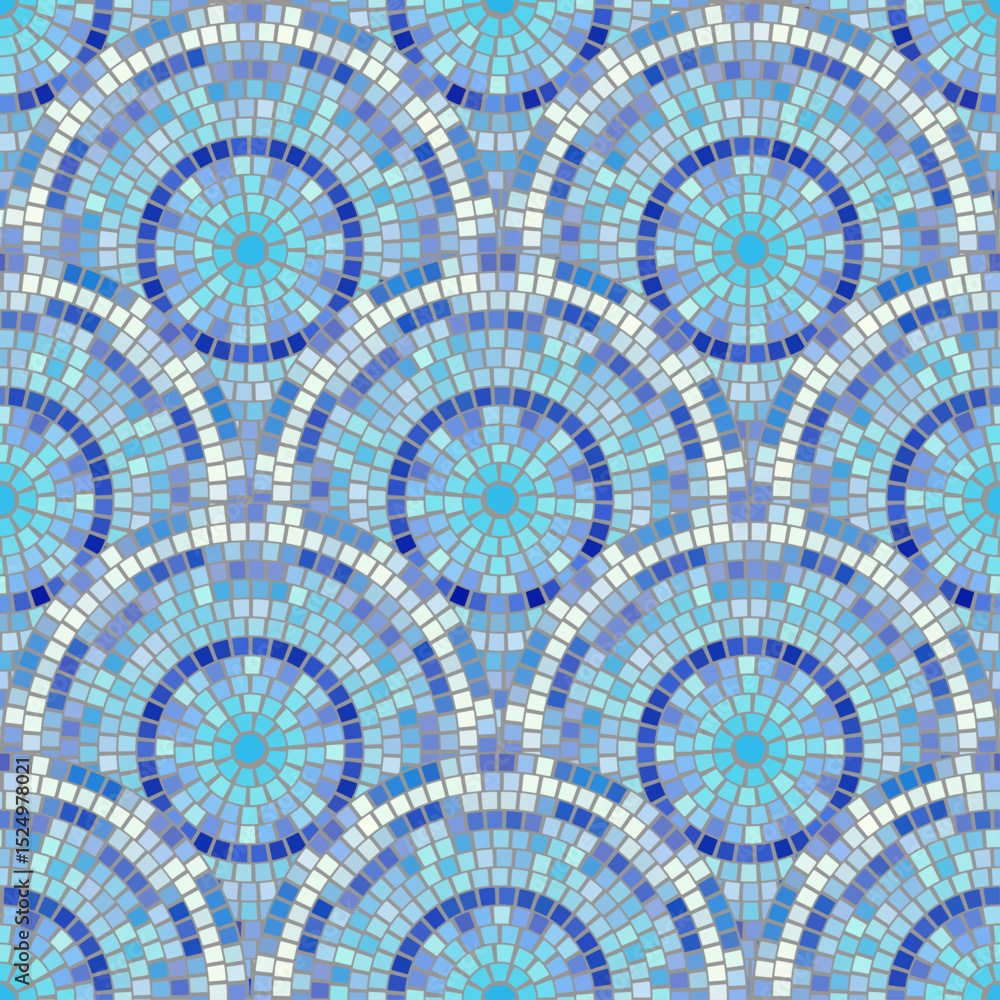 Poster blue abstract mosaic seamless pattern. fragments of a circle laid out from tiles trencadis. vector t
