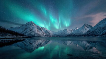 Obraz premium Mesmerizing Northern Lights Reflecting on the Tranquil Mountain Lake