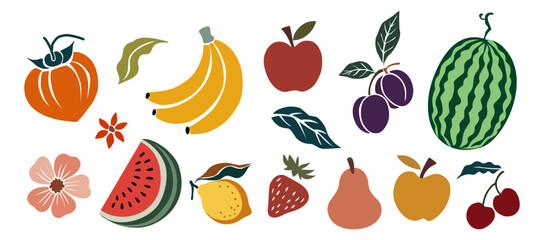 Vector set of various fruits including apple, pear, plum, cherries, strawberry, persimmon, lemon, watermelon, and bananas. Colorful collection isolated on transparent background