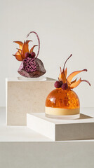 Sculptural dessert creations feature tropical fruit flavors and glossy mirror glaze at modernist pastry exhibition