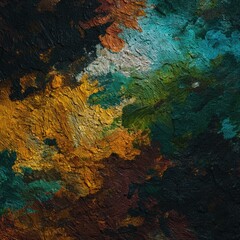 Abstract impasto painting with textured, swirling colors of gold, teal, dark brown, and black
