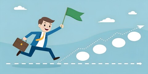 Determined male character with a briefcase moving towards success, climbing a growth chart with a triumphant green flag in hand banner and cover