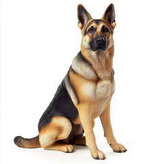 Obraz premium A lifelike full-body image of a German Shepherd sitting upright in an alert posture on a white background.