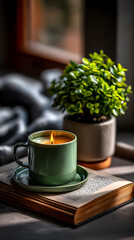 calm still life with green soy candle open book and potted plant in sunlight