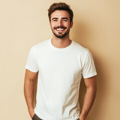 Obraz premium a woman weraing white pain big round neck short sleev top on cream background with smile