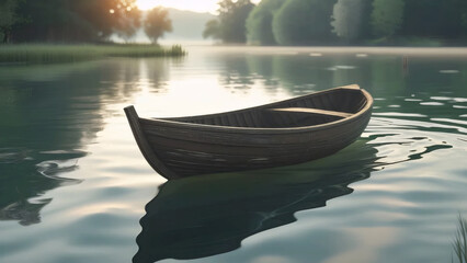 Obraz premium Tranquil boat on the lake and river at sunset with reflections, surrounded by nature and calm waters