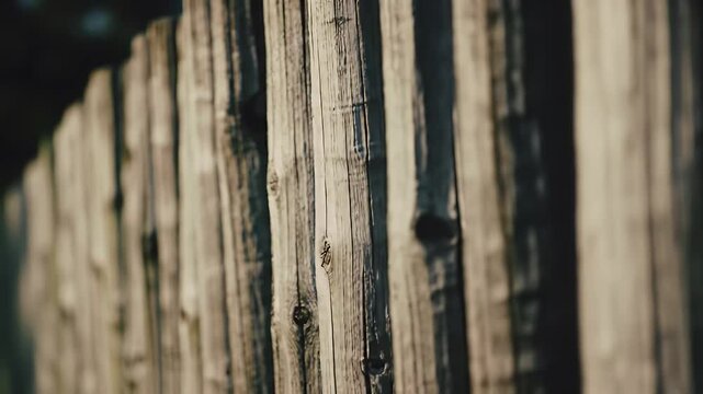 Close-up of a weathered wooden fence with vertical planks, showing grain, knots, and textures, fading in the background. Focus is on the center