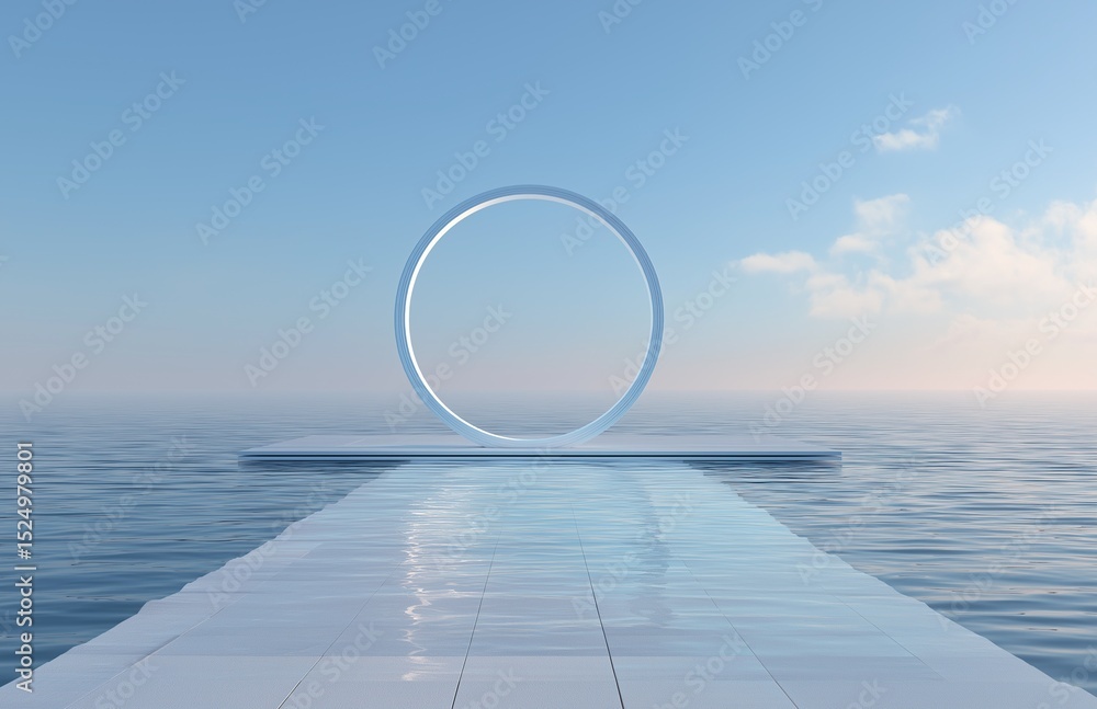 Poster minimalist floating ring on calm water with infinite white platform and blue sea-sky background, dig