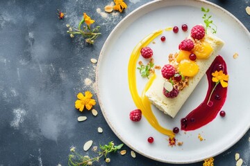 Delicate vanilla bean parfait with raspberry tuile and mango puree on a decorative plate