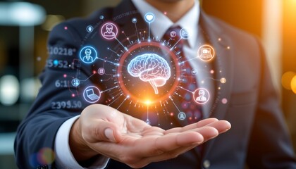 technology for knowledge management and education businessperson holding network structure and head icons cognition,management,business,intelligence,intellectual,education,sharing