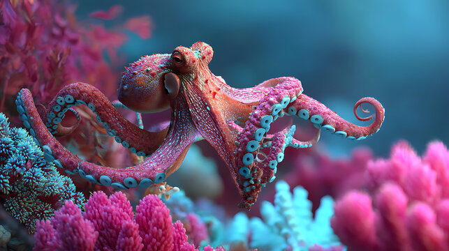 octopus in underwater coral reef Deep Sea Blue 3d rendering . - Powered by Adobe