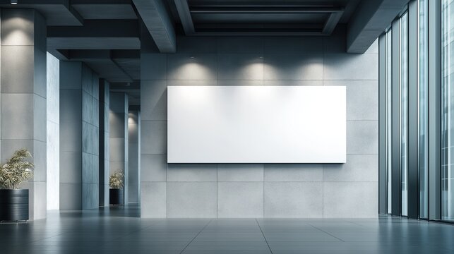 Minimalist blank white poster mockup on concrete wall in modern office building, empty design template for professional presentations - Powered by Adobe