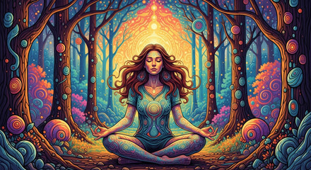 Obraz premium Meditating Woman in Enchanted Forest Find Peace And Harmony