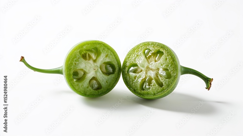 Poster a close up of two halves of a green pepper on a white background showing the inside structure clearl