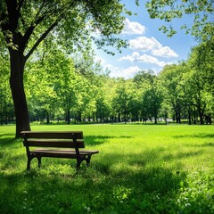 Serene park scene with a wooden bench under a tree, sunny day, lush green grass, and a background of trees
