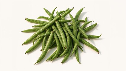Fototapeta premium A pile of fresh green beans scattered on a white surface in a studio setting for healthy eating