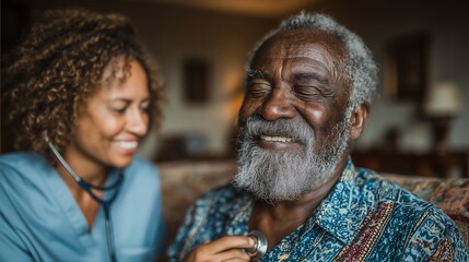 Professional Black nurse in light blue scrubs checking elderly Black man's vital signs in a cozy home setting with soft focus background for healthcare and senior care themes