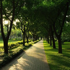 Obraz premium Sunlit path through a tree-lined park