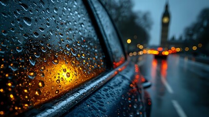 Raindrops clinging to car windshield with sharp background bokeh and soft natural light