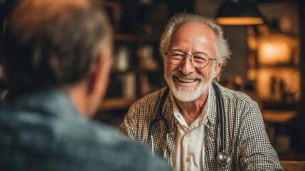 Fototapeta premium Senior man discussing hypertension with doctor in warm office setting, trustful atmosphere, copy space available
