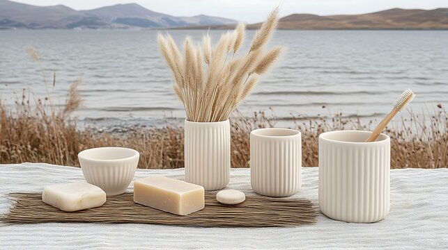 Coastal serenity: Bathroom essentials amidst calming lake and mountain views