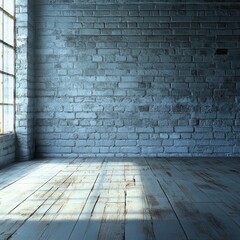 Sunlit industrial space with exposed brick wall and wooden floor