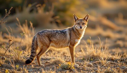 Fototapeta premium timeless jackal photographed in a standing pose in a savannah edge, in a classic wildlife photography style, with beige gray tones, sunset light, high resolution