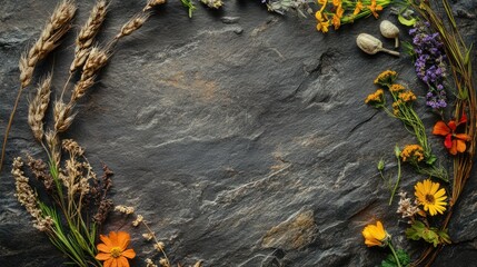 Obraz premium Autumnal Floral Arrangement on Dark Stone