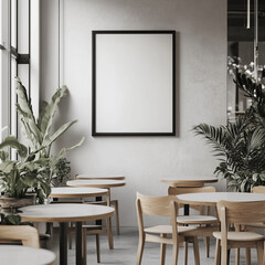 Fototapeta premium a minimal coffee corner with clean wall focus of the photo is a wooden A1 frame on the wall