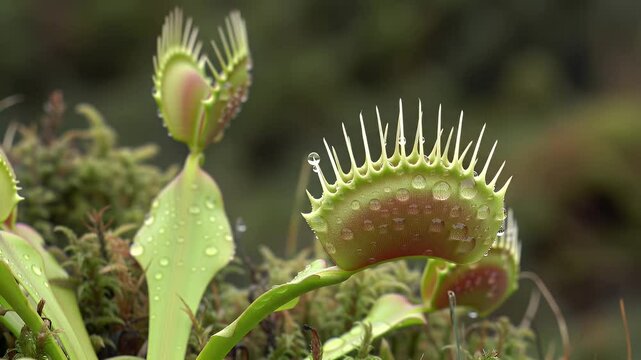 Close-up of Venus flytrap leaves with water droplets