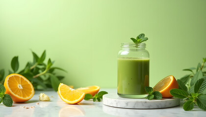 Fototapeta premium Luxury Wellness Brand Image with Green Smoothie or Serum Bottle and Natural Ingredients