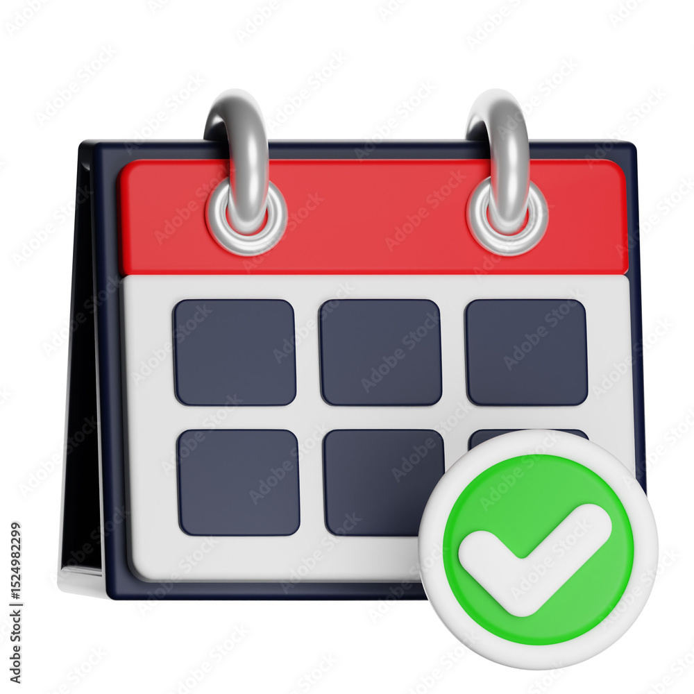 Poster calendar with check mark showing scheduled event completion on transparent background