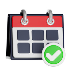 Calendar with check mark showing scheduled event completion on transparent background