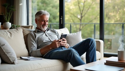 Älterer Mann nutzt Smartphone entspannt im hellen Wohnzimmer mit Blick ins Grüne
