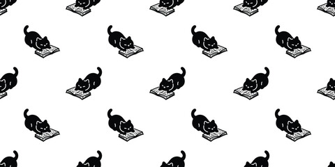 cat seamless pattern reading book kitten calico doodle cartoon pet animal illustration tile background gift wrapping paper repeat wallpaper scarf isolated