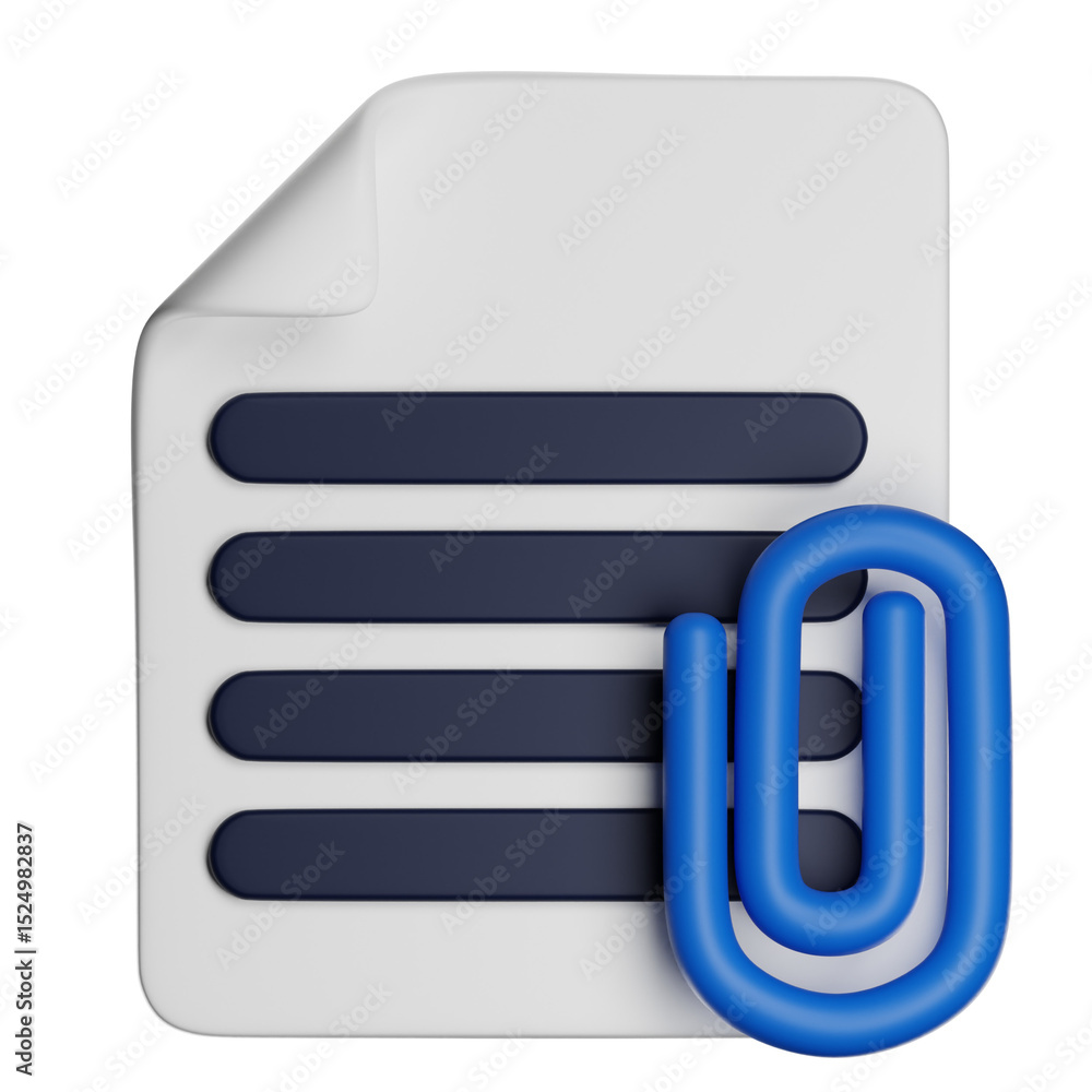 Poster 3d rendering document attached with blue paperclip icon on transparent background