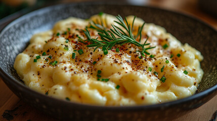 Creamy cheese gnocchi dish with rosemary, garnished with chives, on a dark plate, wooden table background