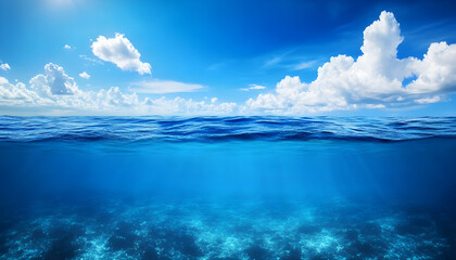 Fototapeta premium Split view horizon of blue sky with clouds and deep blue underwater ocean. Breathtaking Oceanic Panorama - with copy space to insert ads
