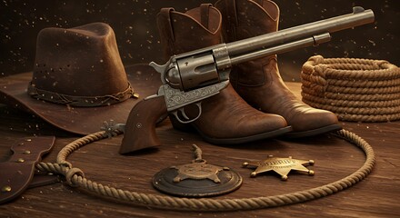 Vintage Western Revolver, Cowboy Boots, and Sheriff's Badge A Wild West Still Life