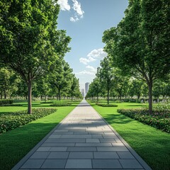 Serene park path lined with lush trees leading to a distant cityscape under a bright sky